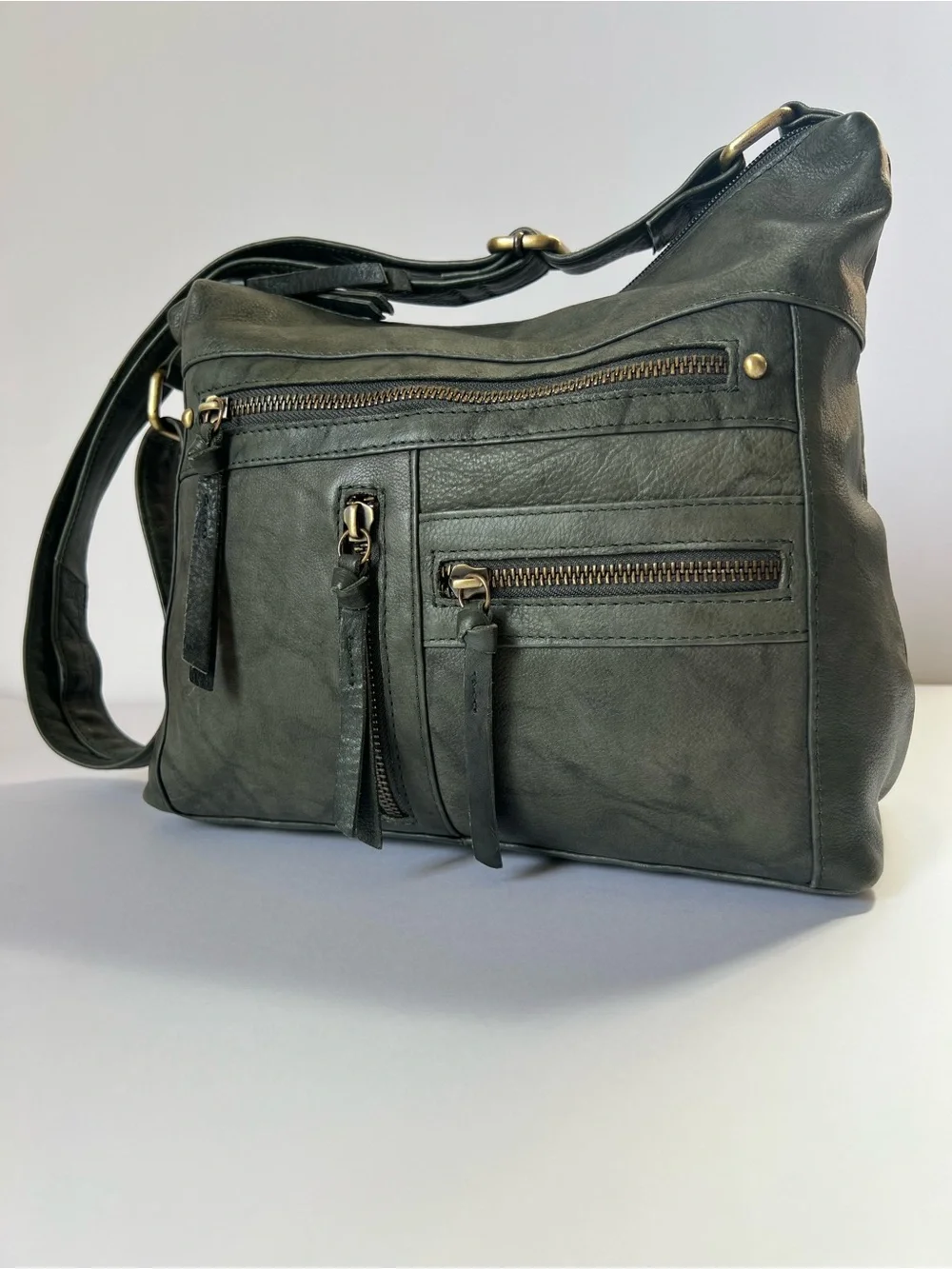 Great American LeatherWorks Slate Green Washed Leather Multi-Pocket Hobo Bag